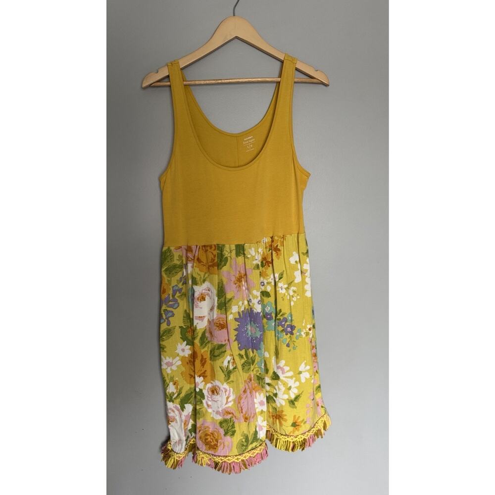 Rare Old Navy Yellow tank top dress floral‎ print Large fringe trim Cottagecore